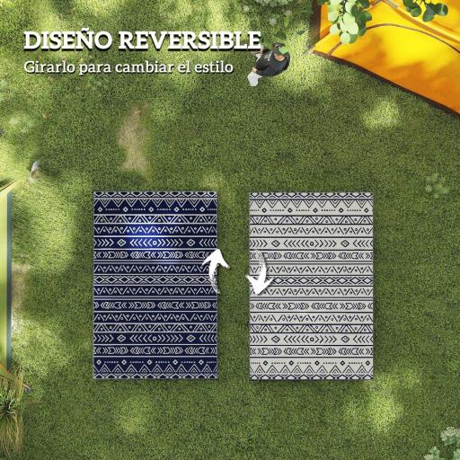 Alfombra de Exterior Reversible 182x274 cm con Patrón Geométrico de Cenefa Impermeable con Bolsa Azul y Blanco [6]