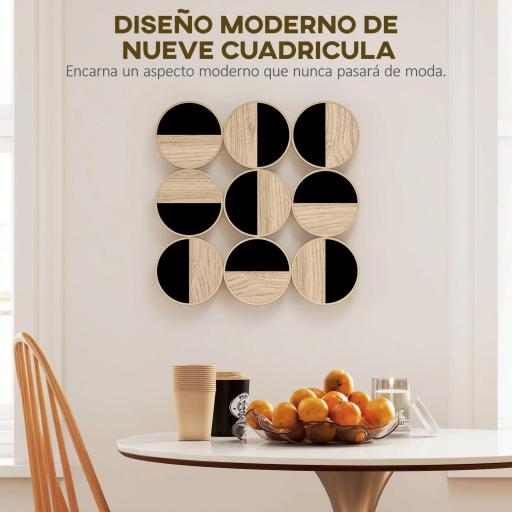 Cuadro Decorativo de Pared Geométrico Adorno Moderno 3D de 60x60 cm con Espejo de Plástico Negro y Madera Natural [4]