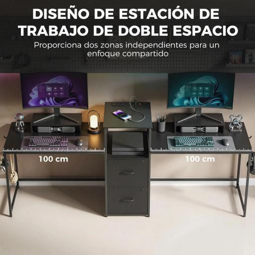 Mesa Gaming Doble de 244 cm con Estación de Carga Puertos USB Soportes para Monitor Cajones de Tela Negro [4]