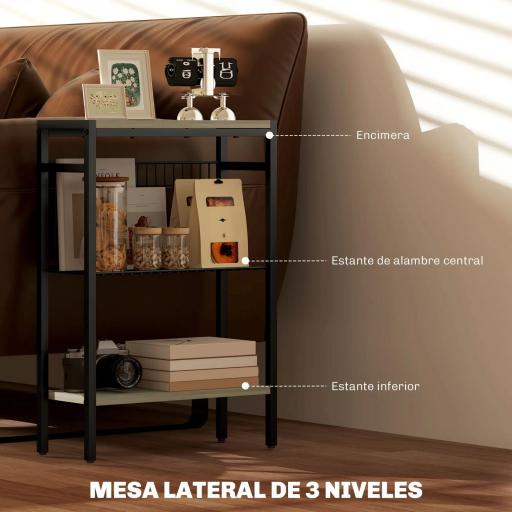 Mesa Auxiliar Estrecha de 3 Niveles con Estantes Abiertos y Estructura de Acero para Salón Dormitorio 43x18x62,5cm Gris [5]