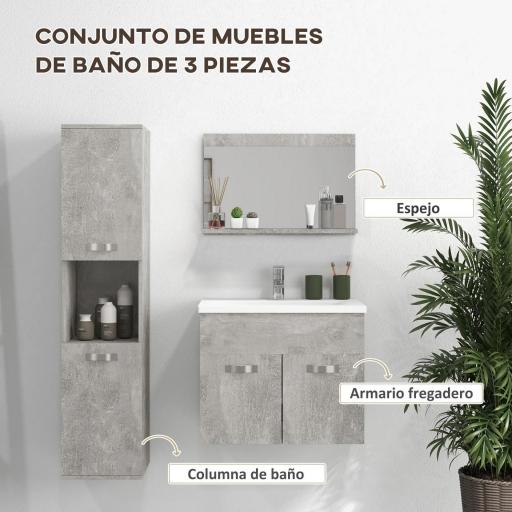 Conjunto de Muebles de Baño de Pared 3 Piezas Incluye Espejo Armario con Lavabo Cerámico y Columna Auxiliar de Baño Gris [2]