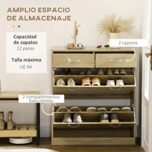 Mueble Zapatero Estrecho Armario de Zapatos con 2 Cajones Abatibles para 12 Pares de Zapatos 80x30x91,5 cm Roble [2]