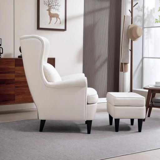 Sillón con Reposapiés Respaldo Alto Capitoné Patas de Madera Almohada Acolchada y Tapizado en Lino Beige [6]