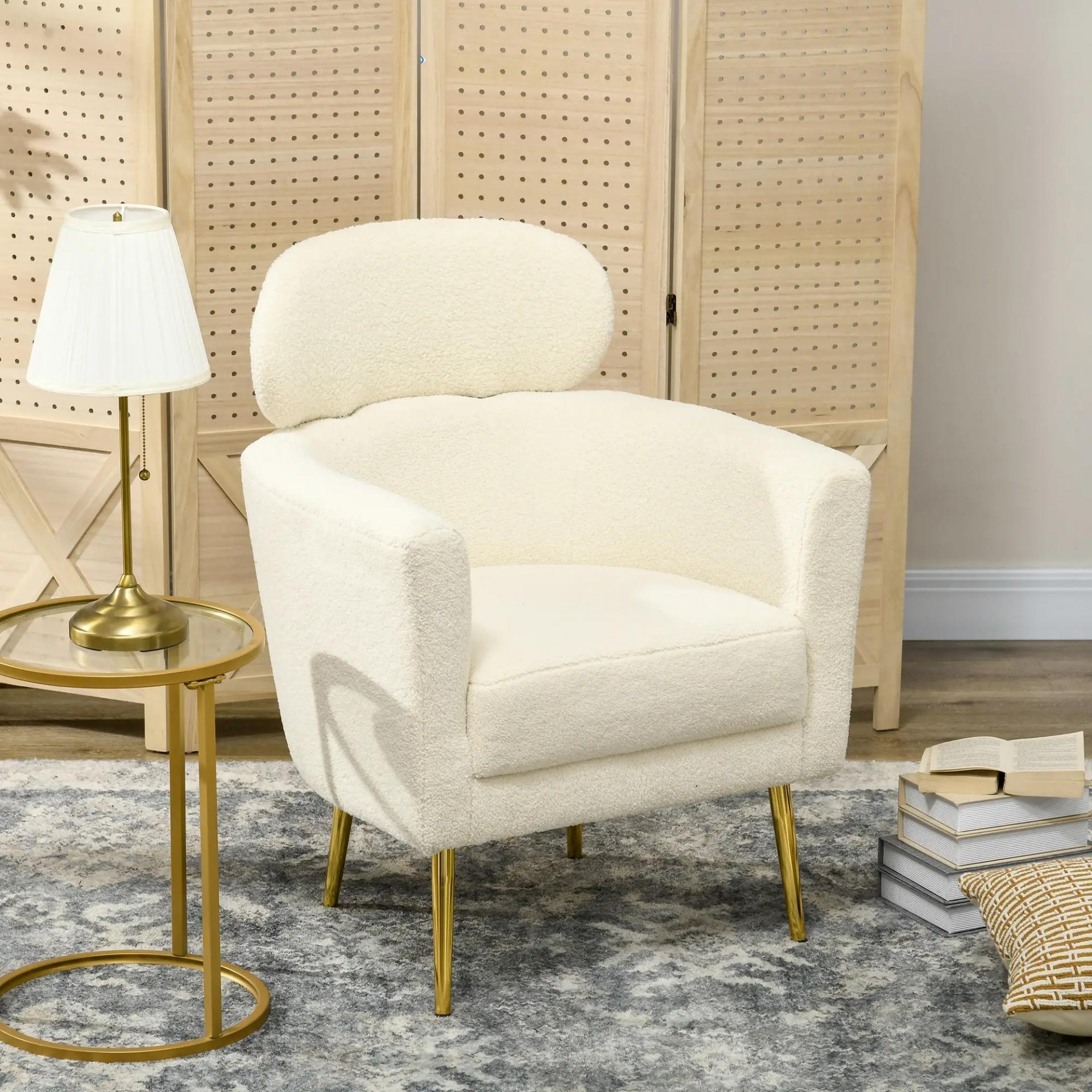 Sillón de Salón Sofá Individual con Reposacabezas y Patas de Metal para Dormitorio Oficina Carga 125 kg Crema