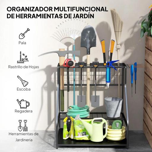 Organizador de Herramientas de Jardín Estantería de Almacenamiento de 3 Niveles para Garaje con Ganchos [4]
