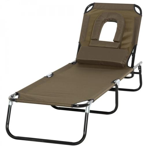 Tumbona Plegable con Respaldo Regulable 4 Posiciones con Orificio de Lectura Almohada Tela Oxford 190x56x28 cm Marrón [9]