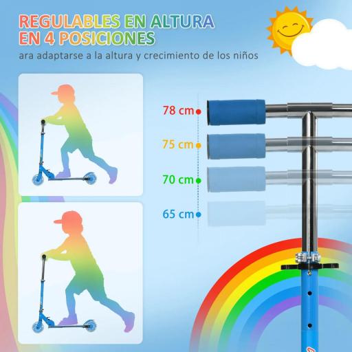 Patinete Infantil Plegable con Luces Música Altura Ajustable Ruedas Brillantes Pedal LED Carga 50kg 67x32x65-78 cm Azul [5]