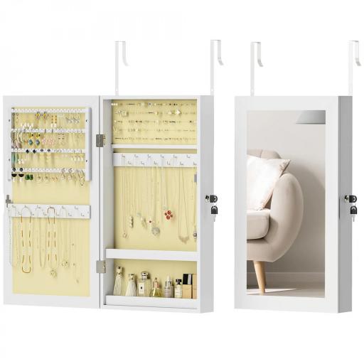 Espejo Joyero de Pared con Cerradura y Varios Compartimentos Montar en Pared o Puerta Blanco y Forro Crema [8]