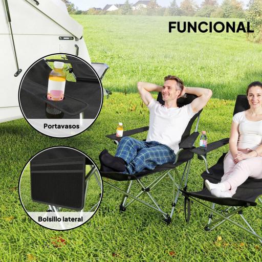 Conjunto de 2 Sillas Plegables Camping con Reposapiés Desmontable Reposacabezas Portavasos y Bolsa 125x48x90 cm Negro [4]