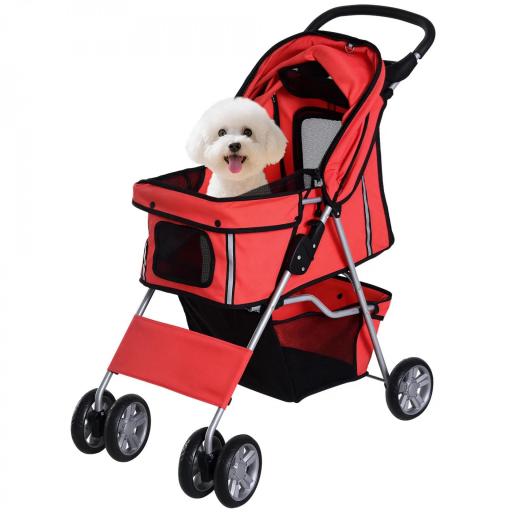 Carrito para Perros Pequeños con Toldo Ajustable Cesta de Almacenaje Portavasos y 2 Ruedas Universales 75x45x97 cm Rojo [8]