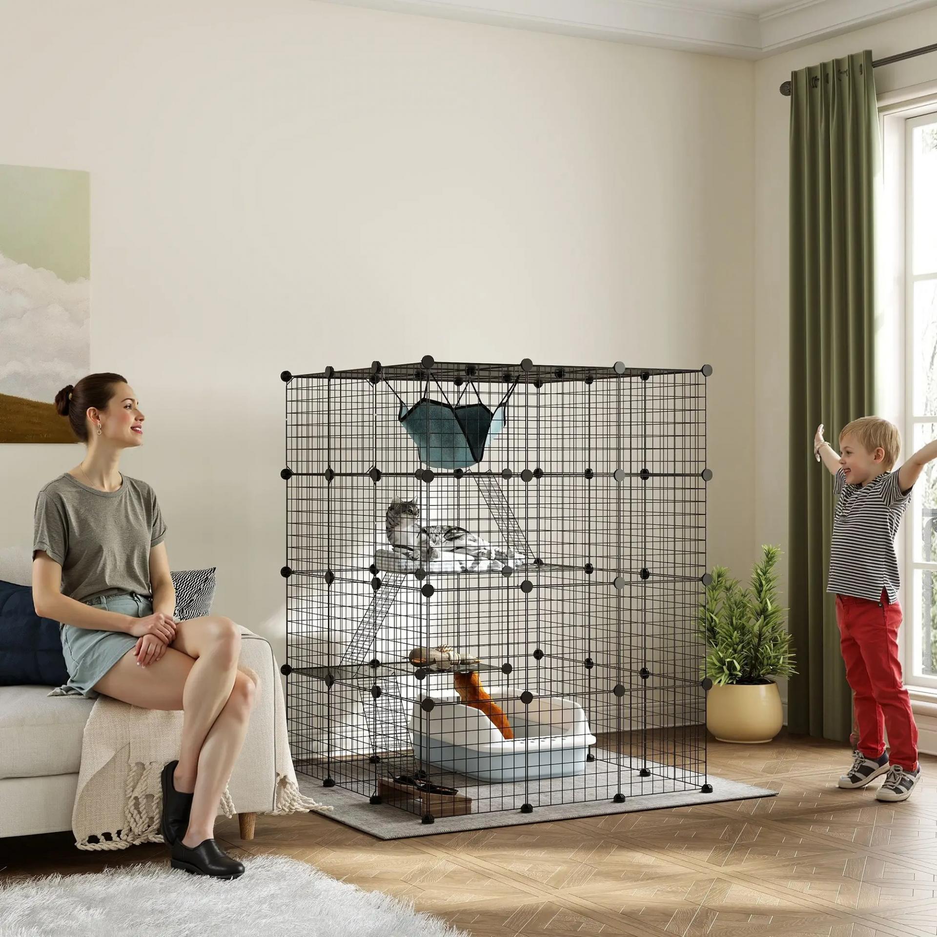 Jaula Grande para Gatos Interior de 4 Niveles con 5 Puertas 3 Plataformas de Salto 3 Rampas Hamaca 105x105x140 cm Negro