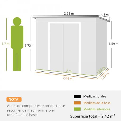 Cobertizo de Jardín Exterior 2,4 m² 213x130x172 cm con Puerta Corredera Techo Inclinado Base sin Suelo y Ventanas Gris [1]
