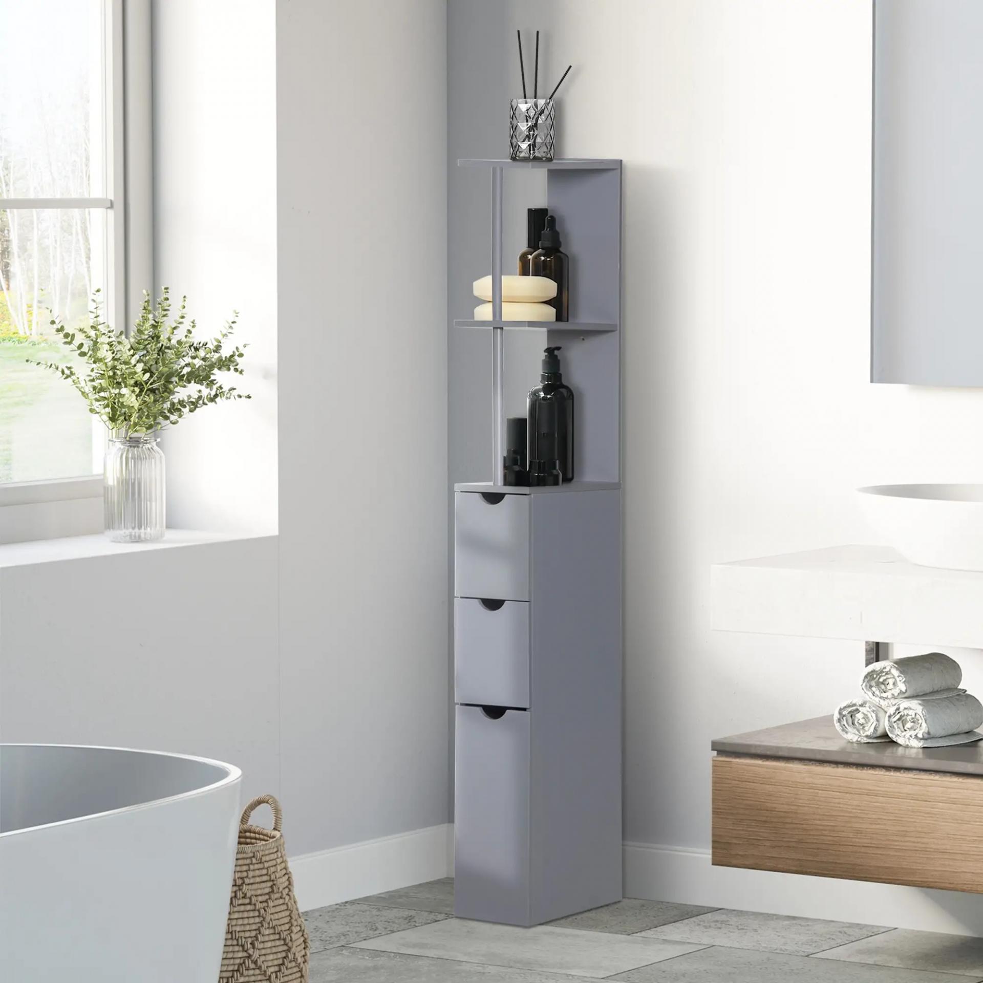 Columna de Baño Moderno Mueble Auxiliar de Baño con 2 Estantes 2 Cajones y 1 Puerta Antivuelco 15x33x136,8 cm Gris