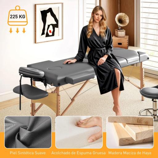 Camilla Masaje Plegable de Madera de 3 Zonas con Altura Respaldo Reposacabezas Ajustables Brazos 215x60x64-89 cm Gris [7]