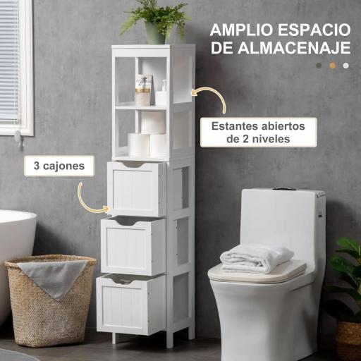 Armario Alto de Baño Estrecho con 3 Cajones y 2 Estantes Abiertos Estilo Moderno 30x30x141,6 cm Blanco [3]