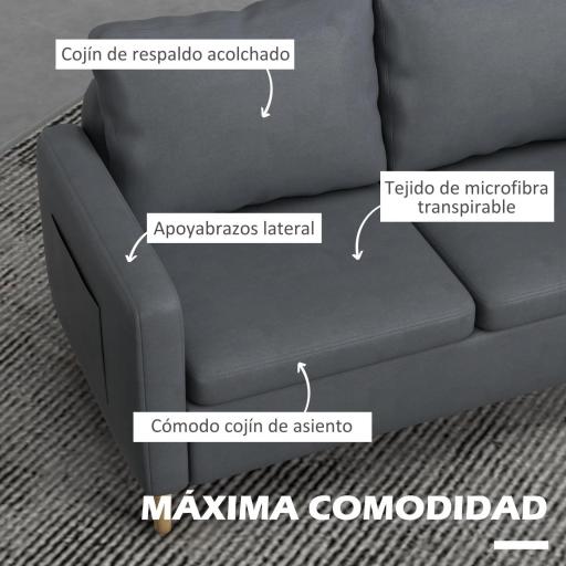Sofá de 2 Plazas Tapizado en Poliéster con 2 Bolsillos Laterales Reposabrazos y Patas de Madera 143x76x83 cm Gris [3]