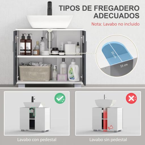 Mueble para Debajo del Lavabo Armario de Baño Bajo Lavabo con 2 Puertas de Vidrio Templado 69x35x59 cm Blanco y Gris [2]