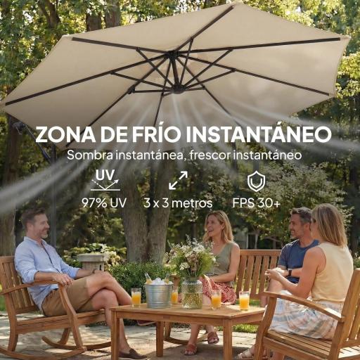 Parasol Excéntrico Ø300 cm con Base Cruzada Toldo Ajustable y Manivela UPF30+ para Terraza Patio Blanco Crema [2]