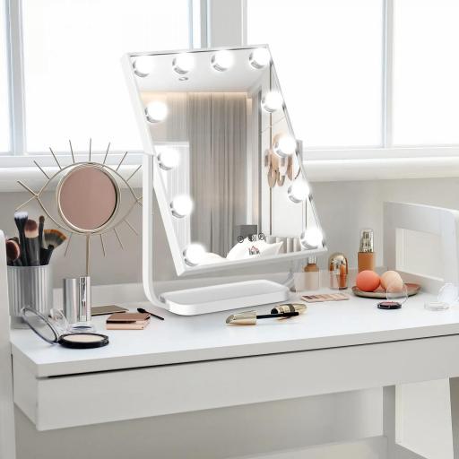 Espejo de Maquillaje con Luz Espejo Hollywood de Mesa con 12 LED 3 Modos y Luz Ajustable Pantalla Táctil y Función de Memoria para Dormitorio Baño 32,8x11x47,4 cm Blanco