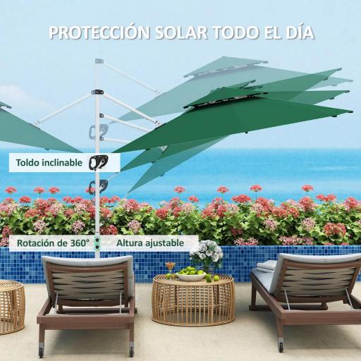 Parasol Excéntrico Ø292 cm con Manivela Giro 360° Inclinación Ajustable Doble Techo y Base Cruzada Verde Oscuro [5]