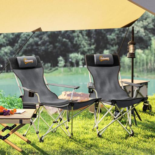Conjunto de 2 Sillas Plegables Camping con Reposapiés Desmontable Reposacabezas Portavasos y Bolsa 125x48x90 cm Gris [3]