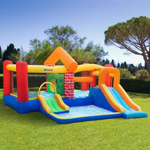 Castillo Hinchable con 2 Toboganes 2 Camas de Salto y Piscina para Niños +3 Años Incluye Inflador y Bolsa de Transporte para Interior Exterior 380x370x230 cm Multicolor