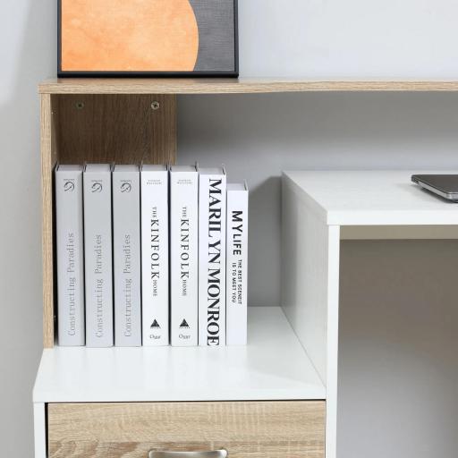 Mesa de Ordenador PC 137x55x92 cm Escritorio con Estantería de 3 Estantes 2 Cajones y Soporte para Impresora para Oficina Estudio Despacho Blanco y Roble [5]