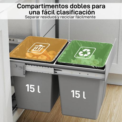 Cubo de Basura Extraíble bajo Fregadero con 2 Contenedores Capacidad Total 30L (15Lx2) Fijación Inferior Gris Claro [4]