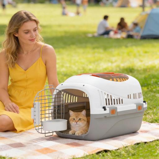 Transportín para Gatos Perros Pequeños de Plástico Carga 4 kg con Claraboya Cuenco Puerta de Acero Gris Claro