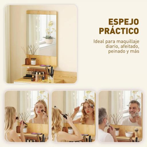 Conjunto de Recibidor de Entrada de Pared con Espejo y Almacenaje Espejo con Cajón y 2 Estantes Abiertos Madera Natural [3]