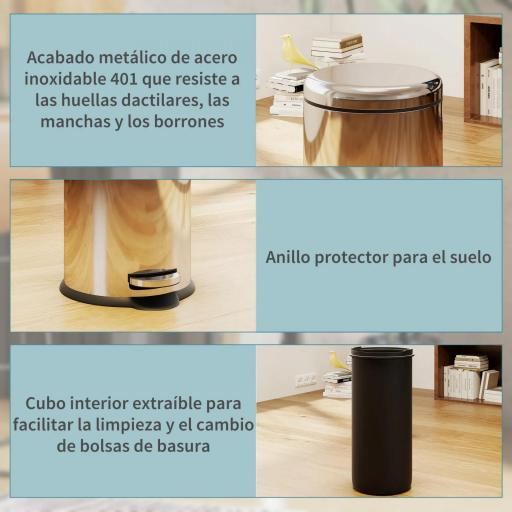 Cubo de Basura con Apertura a Pedal Basurero Automático Cierre Interno Extraíble con Volumen de 30 L Acero Inoxidable Ф29,2x62,9 cm Plateado [4]
