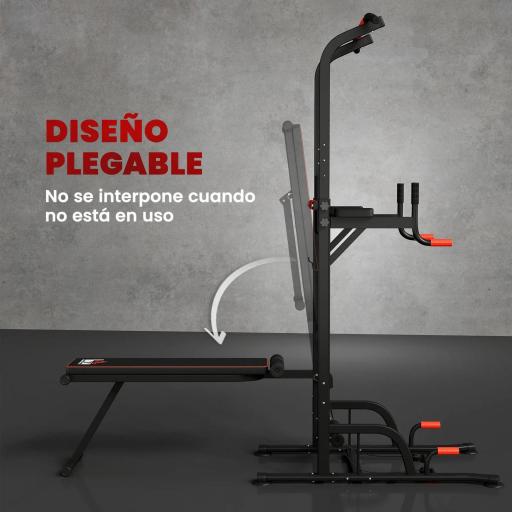 Torre Entrenamiento Energía Power Tower Estación Pull Up Multifuncional Ajustable en Altura con Banco Plegable Barra de Dominadas para Fitness 220x98x181-229 cm Negro [3]