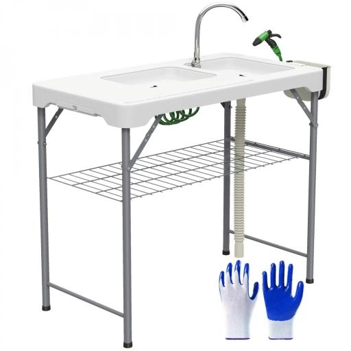 Mesa Plegable para Camping con 2 Fregaderos Manguera de Drenaje Estación de Limpieza y Grifo Blanco [9]