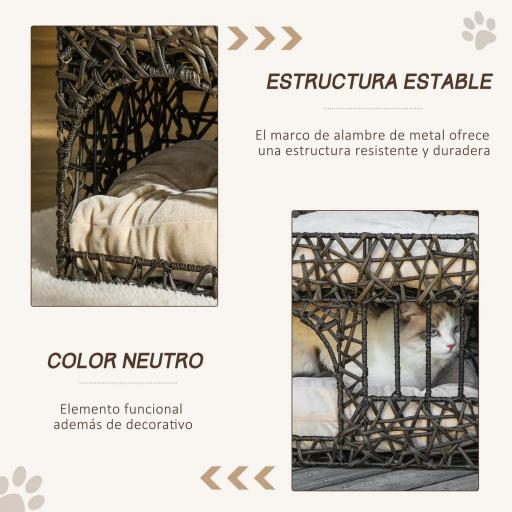 Cesta de Ratán para Gatos de 2 Alturas Cama Cueva de Gatos con 2 Cojines Suaves y Ventana 56x41x45 cm Café Oscuro [8]