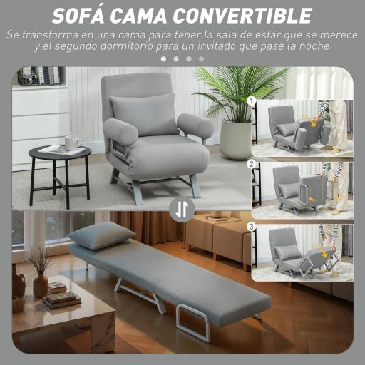 Sillón Cama Individual 3 en 1 Sofá Cama Plegable con Respaldo Ajustable y Cojín para Sala Dormitorio 73x78x81 cm Gris [5]