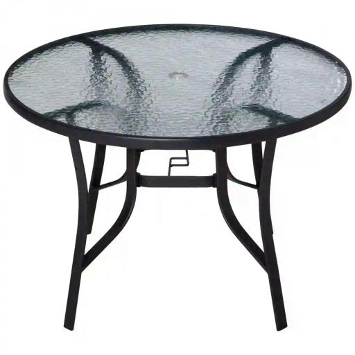 Mesa de Cristal de Jardín con Agujero para Sombrilla Mesa para Comer Redonda con Marco de Acero para Exterior Terraza Balcón Ø106,5x71 cm Negro [8]