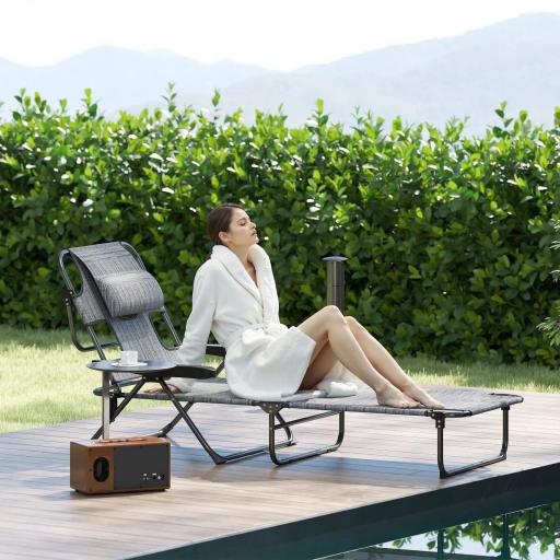 Tumbona de Jardín Plegable con Respaldo Ajustable en 4 Niveles Orificio de Lectura y Reposacabezas 145x72x89 cm Gris