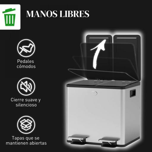 Papelera de Cocina de Acero Inoxidable con 2 Compartimentos 2x15L Pedales Tapas de Cierre Suave y Cubo Extraíble Plata [2]