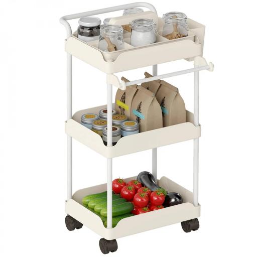 Carrito Auxiliar con Ruedas de 3 Niveles Carrito de Cocina con Cestas Extraíbles y Soporte para Toallas Blanco [9]