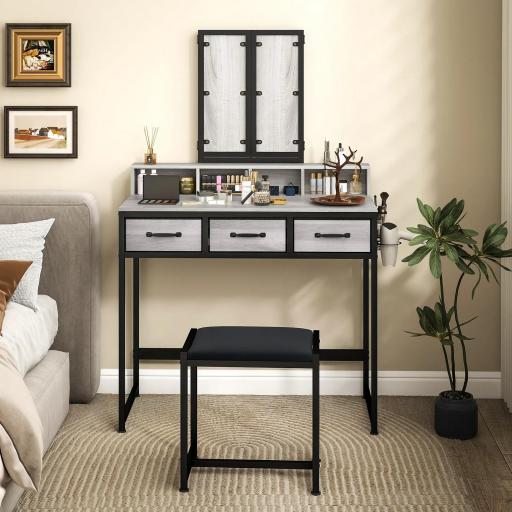 Tocador de Maquillaje con Espejo Tríptico Desmontable Taburete 3 Cajones de Tela Soporte para Secador de Pelo Gris [5]