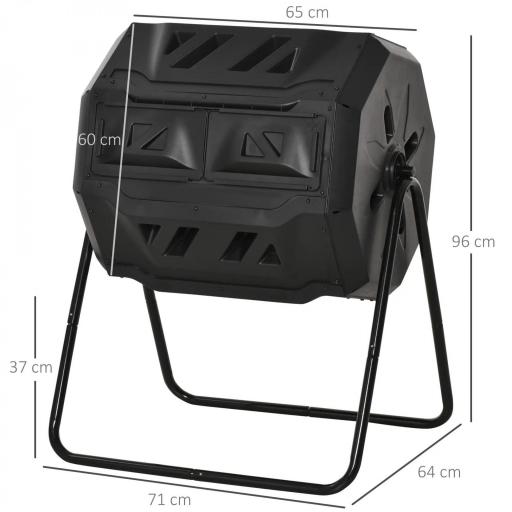 Compostador de Tambor Giratorio con Capacidad 160 Litros de Doble Cámara y Ventilación Marco de Acero 71x65x96cm Negro [1]