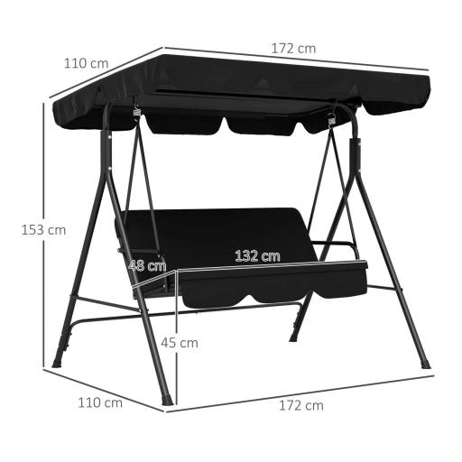 Balancín de Jardín Exterior Columpio de 3 Plazas con Toldo Ajustable y Marco de Acero para Terraza 172x110x153 cm Negro [1]