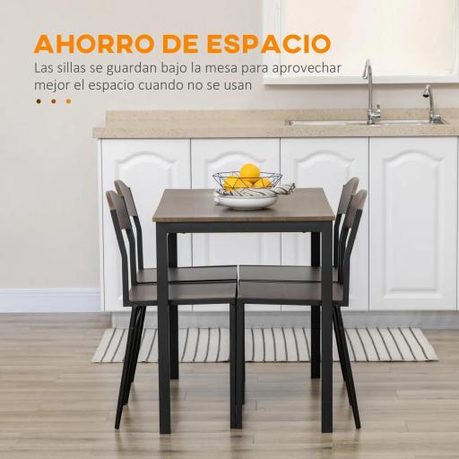 Juego de Mesa y 4 Sillas de Comedor Estilo Moderno Marco Metálico para Espacios Pequeños Marrón Oscuro y Negro [4]