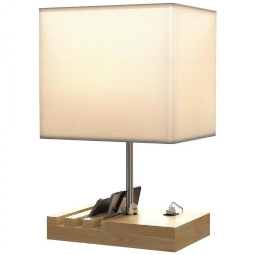 Lámpara de Mesa con Puertos USB-A/C Tres Ranuras para Teléfonos Base de Madera y Pantalla de Tela Blanco [8]