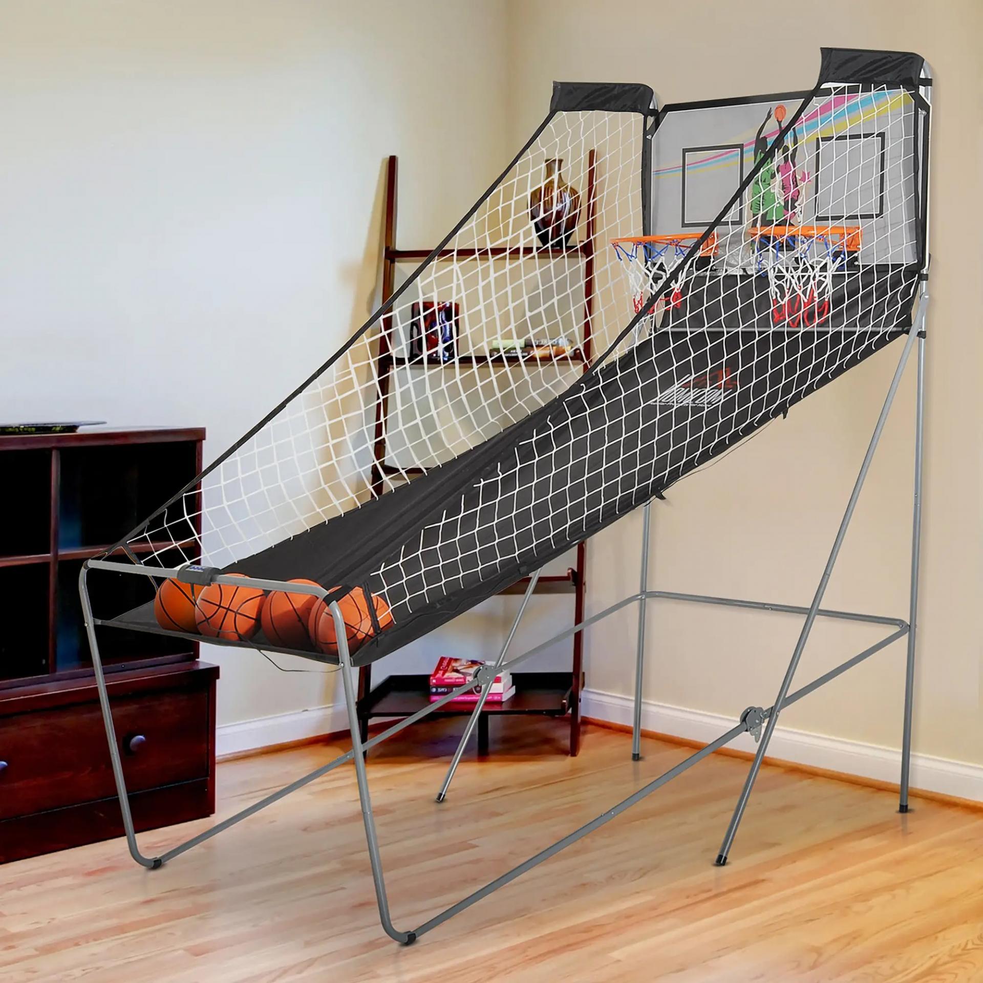 Juego de Canastas Plegable, Máquina de Baloncesto Juguete Contador y Marcador Electrónico, con Soporete de Acero, Red, Cesta de Baloncesto, 4 Baloncestos, 205x110x205 cm