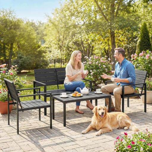 Conjunto de Muebles de Jardín para 4 Personas con Sofá de 2 Plazas 2 Sillones Mesa de Centro Negro [3]