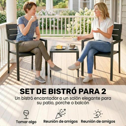 Conjunto de Jardín de 3 Piezas con 2 Sillas y Mesa de HDPE Diseño Listones Efecto Madera para Patio Balcón Negro [7]