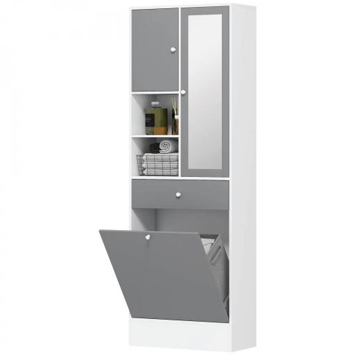 Armario de Baño con Cesto Ropa Sucia Espejo Cajón Compartimentos y Estantes Ajustables 62x28,3x181 cm Blanco y Gris [8]