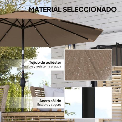 Sombrilla de Jardín Ø265 cm con 32 Luces LED Solares Manivela y Poste de Acero para Patio Terraza Caqui [5]