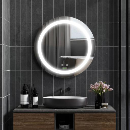 Espejo de Baño con Luz LED Táctil Función de Memoria Brillo y Color Ajustable y Antivaho Ø50x4,6 cm Plata